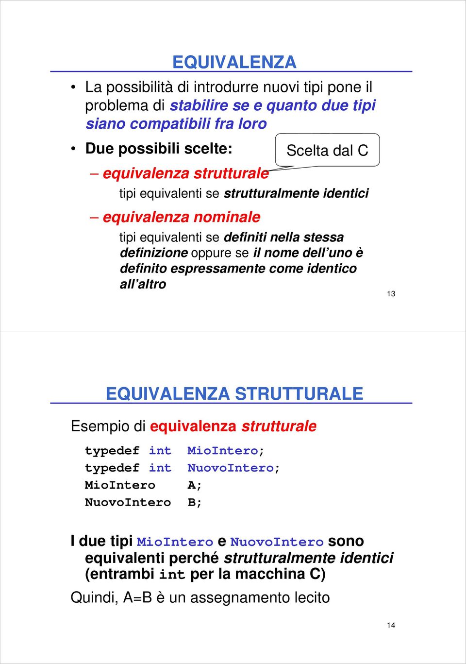 uno è definito espressamente come identico all altro 13 EQUIVALENZA STRUTTURALE Esempio di equivalenza strutturale typedef int MioIntero; typedef int NuovoIntero;