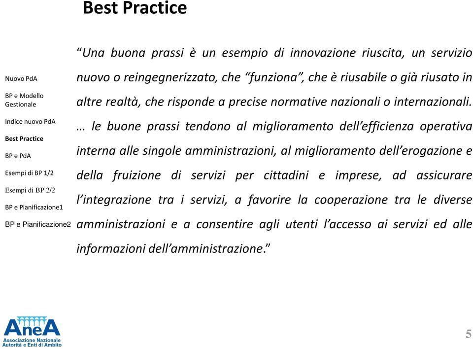 le buone prassi tendono al miglioramento dell efficienza operativa interna alle singole amministrazioni, al miglioramento dell erogazione e della