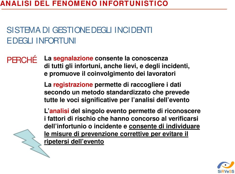 prevede tutte le voci significative per l analisi dell evento L analisi del singolo evento permette di riconoscere i fattori di rischio che hanno