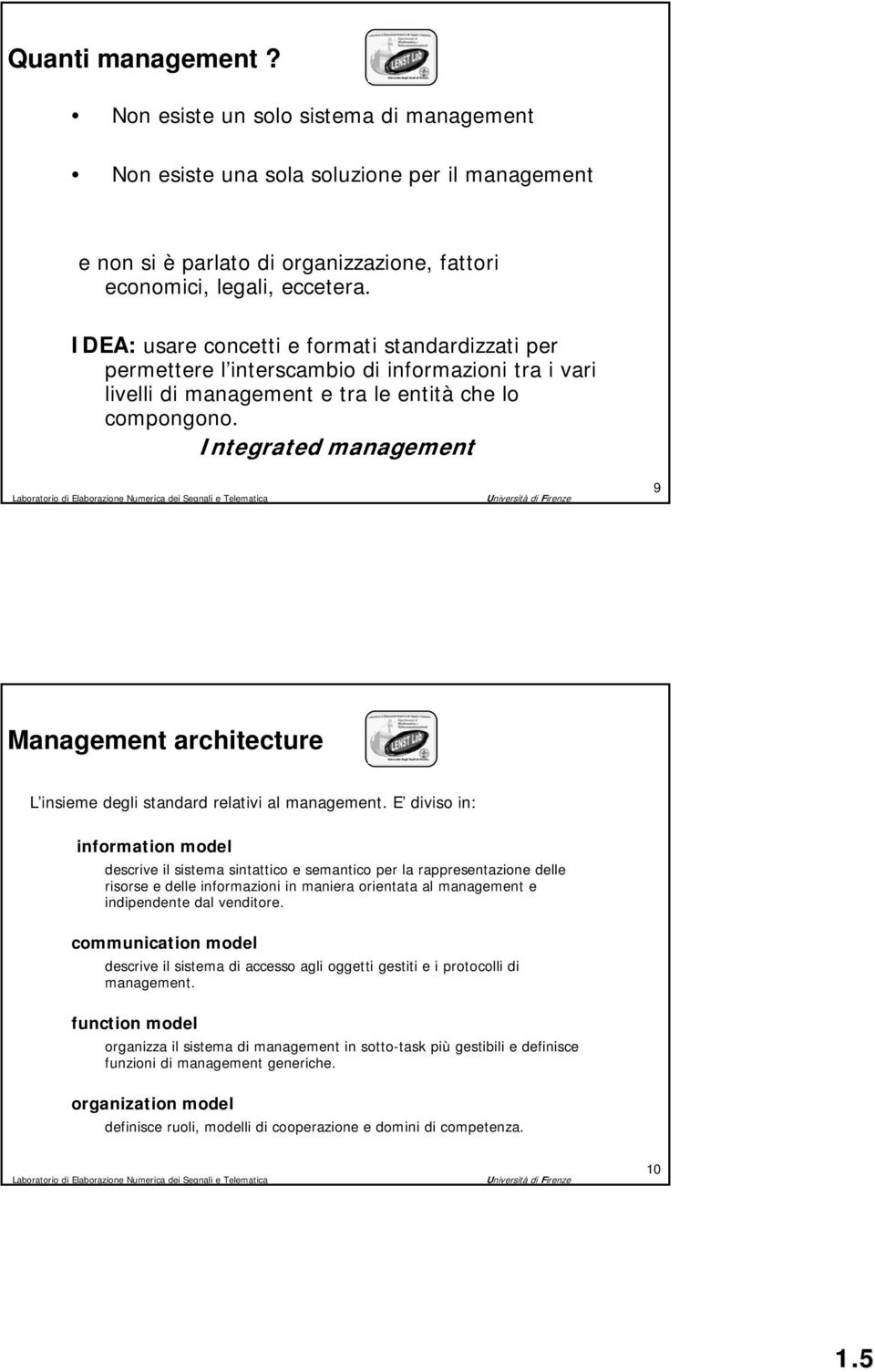 Integrated management 9 Management architecture L insieme degli standard relativi al management.