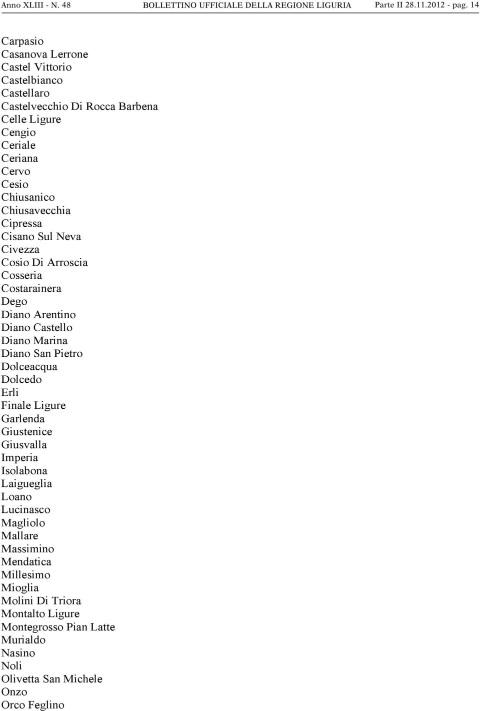 Chiusavecchia Cipressa Cisano Sul Neva Civezza Cosio Di Arroscia Cosseria Costarainera Dego Diano Arentino Diano Castello Diano Marina Diano San Pietro Dolceacqua