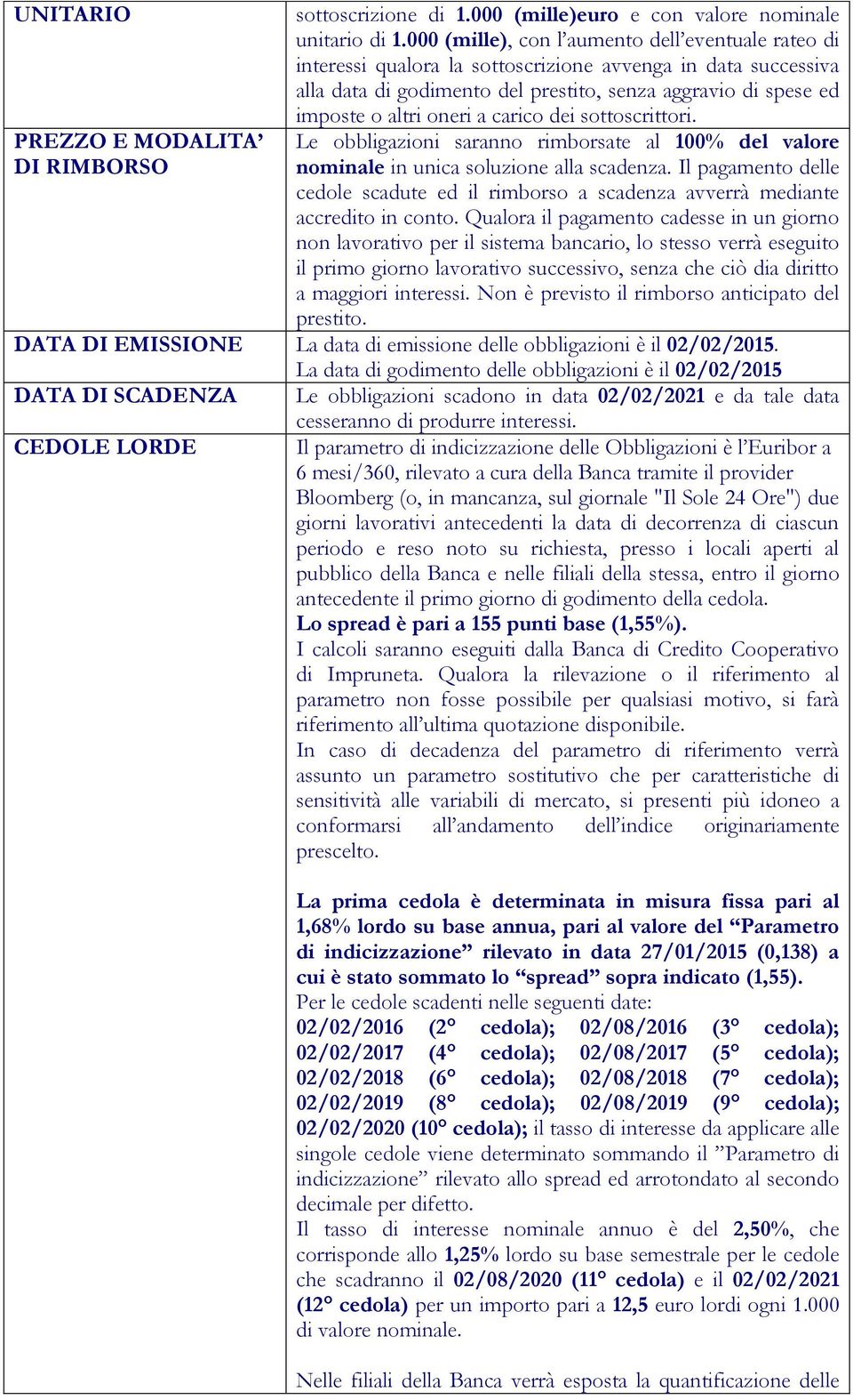 a carico dei sottoscrittori. Le obbligazioni saranno rimborsate al 100% del valore nominale in unica soluzione alla scadenza.