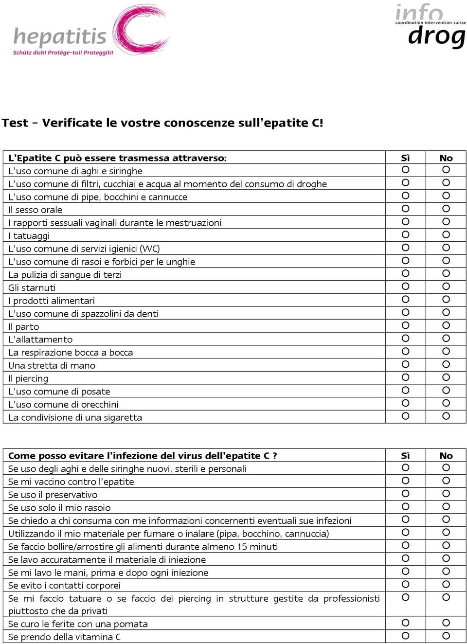 sesso orale I rapporti sessuali vaginali durante le mestruazioni I tatuaggi L uso comune di servizi igienici (WC) L uso comune di rasoi e forbici per le unghie La pulizia di sangue di terzi Gli