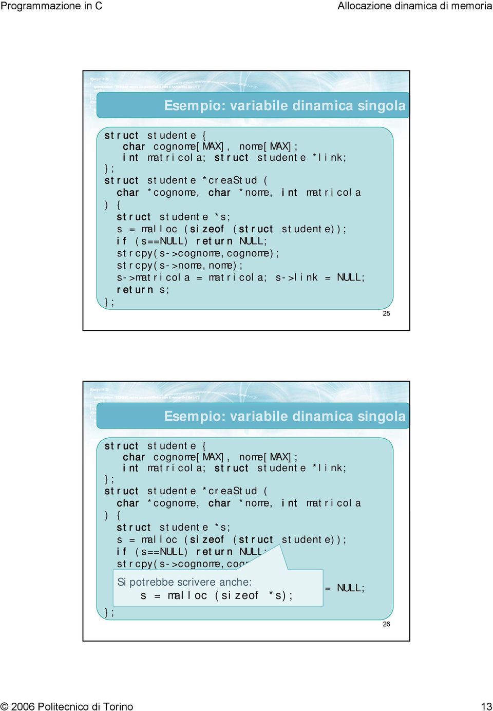 = malloc (sizeof (struct studente)); if (s==null) return NULL; strcpy(s->cognome,cognome); strcpy(s->nome,nome); Si potrebbe scrivere anche: s->matricola = matricola; s->link = NULL; return s = s;