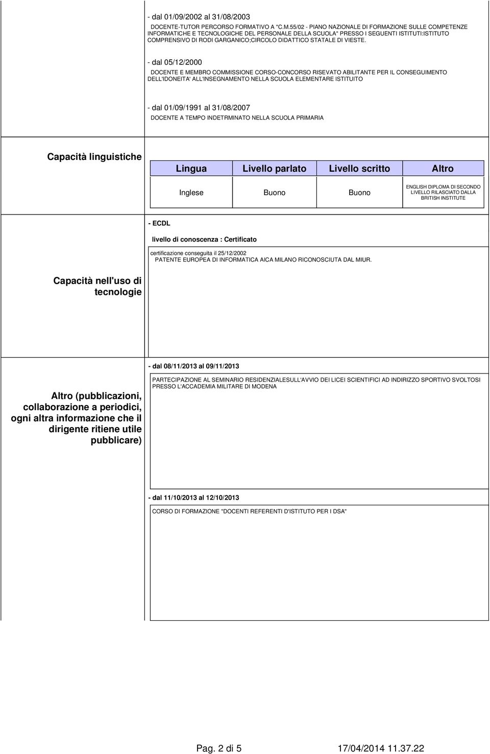 55/02 - PIANO NAZIONALE DI FORMAZIONE SULLE COMPETENZE INFORMATICHE E TECNOLOGICHE DEL PERSONALE DELLA SCUOLA" PRESSO I SEGUENTI ISTITUTI:ISTITUTO COMPRENSIVO DI RODI GARGANICO;CIRCOLO DIDATTICO