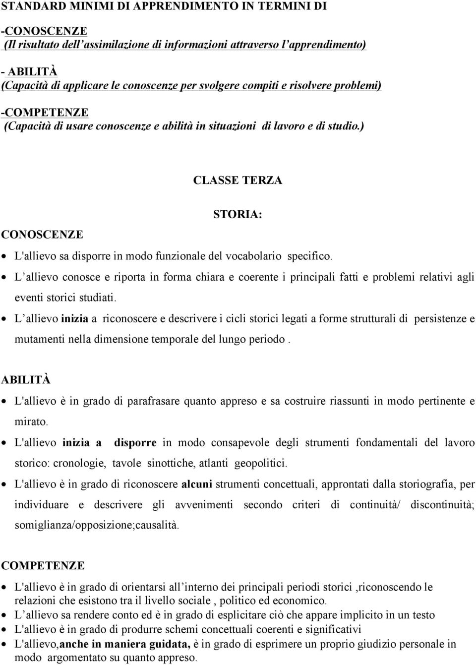 ) CLASSE TERZA STORIA: CONOSCENZE L'allievo sa disporre in modo funzionale del vocabolario specifico.