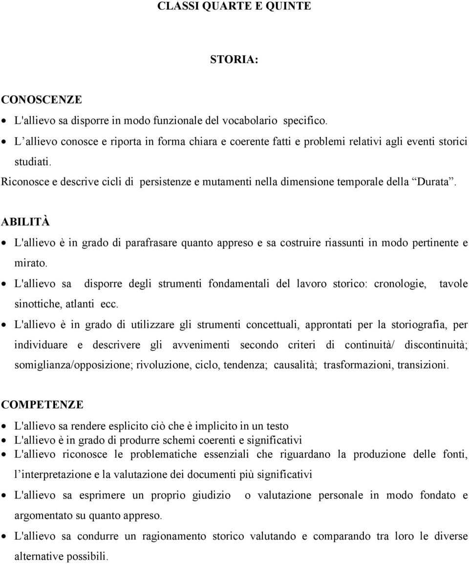 Riconosce e descrive cicli di persistenze e mutamenti nella dimensione temporale della Durata.