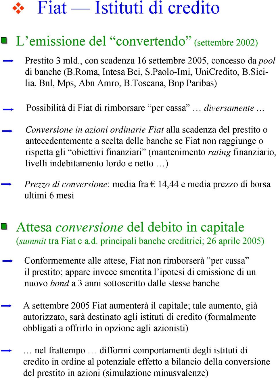 Toscana, Bnp Paribas) Possibilità di Fiat di rimborsare per cassa diversamente Conversione in azioni ordinarie Fiat alla scadenza del prestito o antecedentemente a scelta delle banche se Fiat non