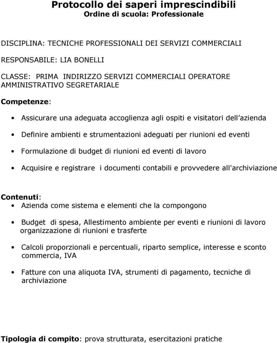 di lavoro Acquisire e registrare i documenti contabili e provvedere all'archiviazione Azienda come sistema e elementi che la compongono Budget di spesa, Allestimento ambiente per eventi e riunioni di