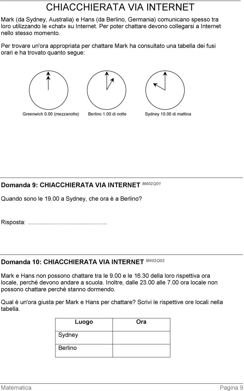 00 (mezzanotte) Berlino 1.00 di notte Sydney 10.00 di mattina Domanda 9: CHIACCHIERATA VIA INTERNET M402Q01 Quando sono le 19.00 a Sydney, che ora è a Berlino? Risposta:.