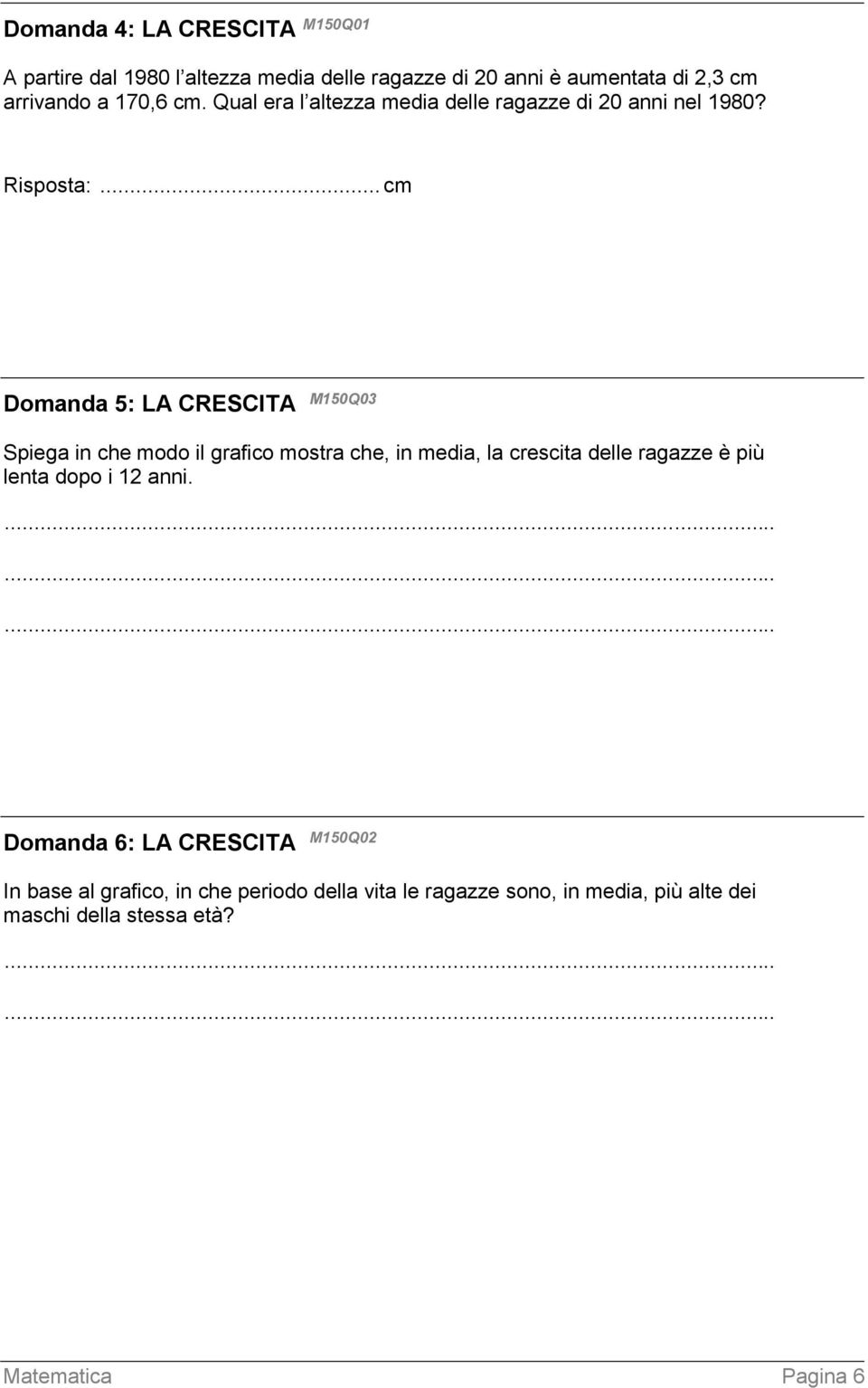 .. cm Domanda 5: LA CRESCITA M150Q03 Spiega in che modo il grafico mostra che, in media, la crescita delle ragazze è più lenta