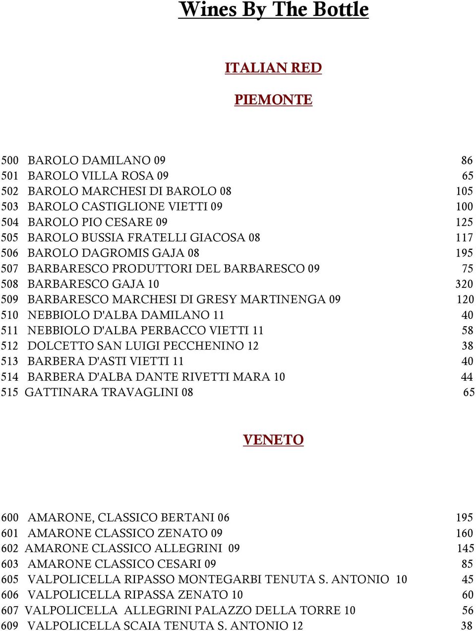 510 NEBBIOLO D'ALBA DAMILANO 11 40 511 NEBBIOLO D'ALBA PERBACCO VIETTI 11 58 512 DOLCETTO SAN LUIGI PECCHENINO 12 38 513 BARBERA D'ASTI VIETTI 11 40 514 BARBERA D'ALBA DANTE RIVETTI MARA 10 44 515