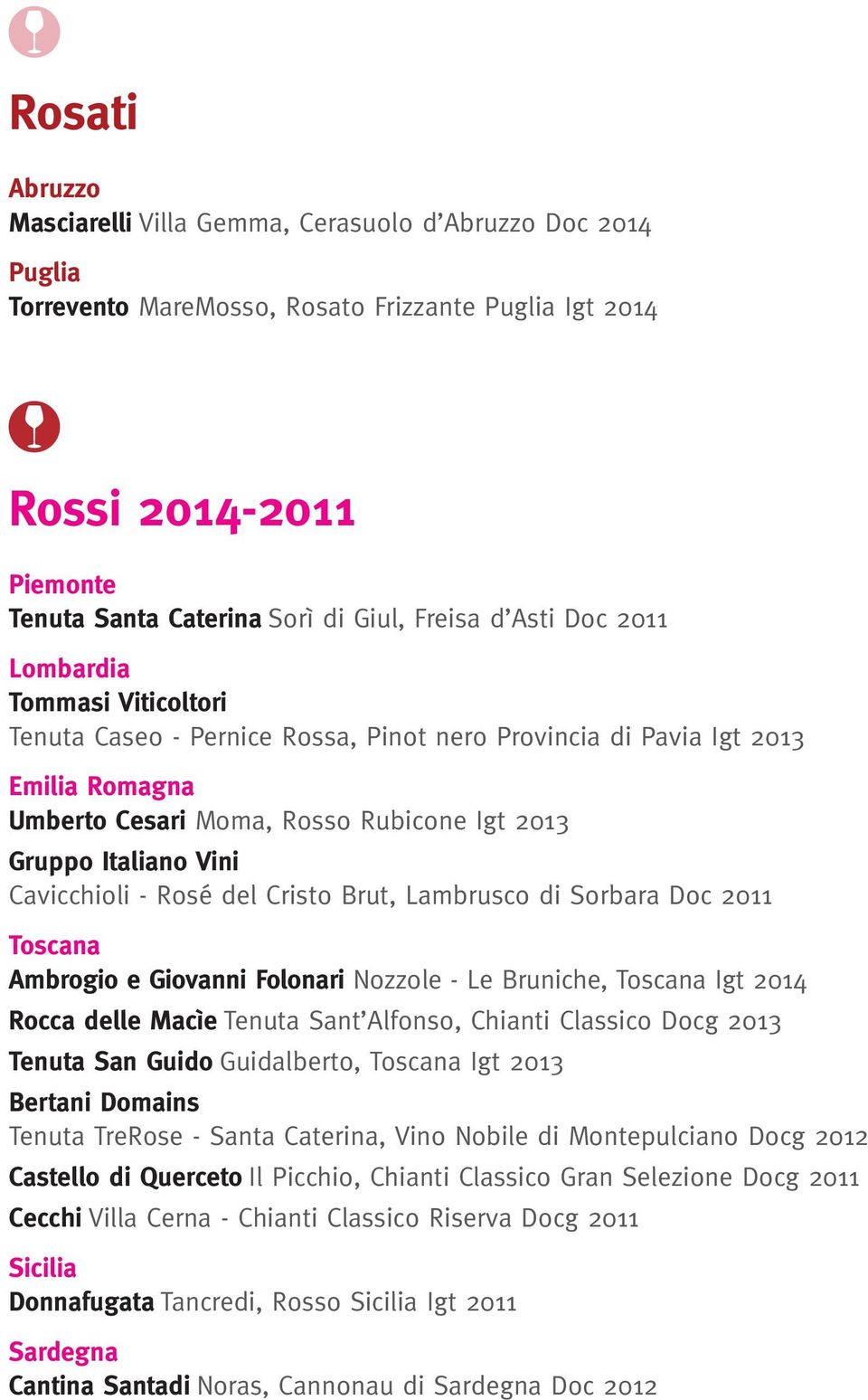 Cavicchioli - Rosé del Cristo Brut, Lambrusco di Sorbara Doc 2011 Toscana Ambrogio e Giovanni Folonari Nozzole - Le Bruniche, Toscana Igt 2014 Rocca delle Macìe Tenuta Sant Alfonso, Chianti Classico