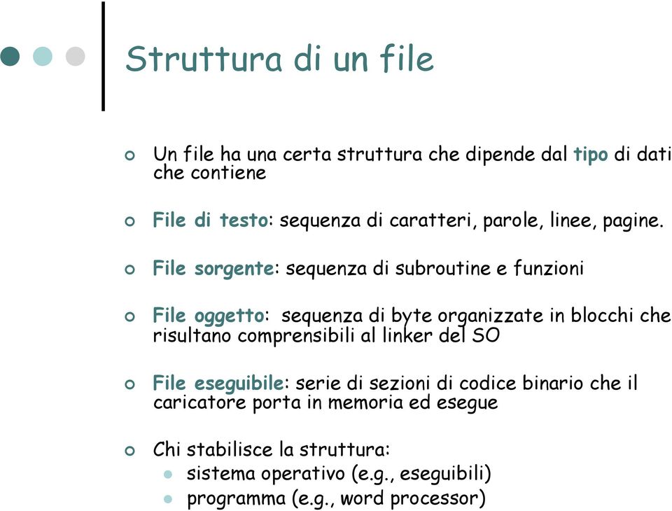 File sorgente: sequenza di subroutine e funzioni File oggetto: sequenza di byte organizzate in blocchi che risultano