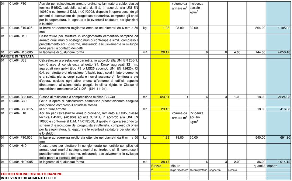 H10.005 In legname di qualunque forma m² 28.17 6 6 4.00 144.00 4'056.48 PARETE DI TESTATA 01 01.A04.