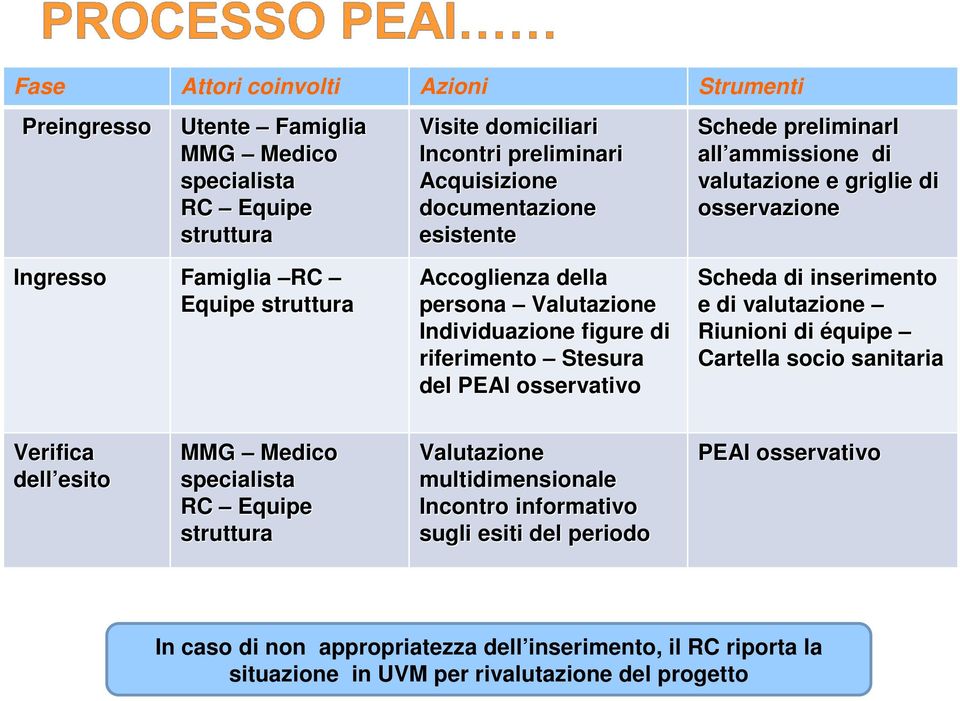 riferimento Stesura del PEAI osservativo Scheda di inserimento e di valutazione Riunioni di équipe Cartella socio sanitaria Verifica dell esito esito MMG Medico specialista RC Equipe struttura