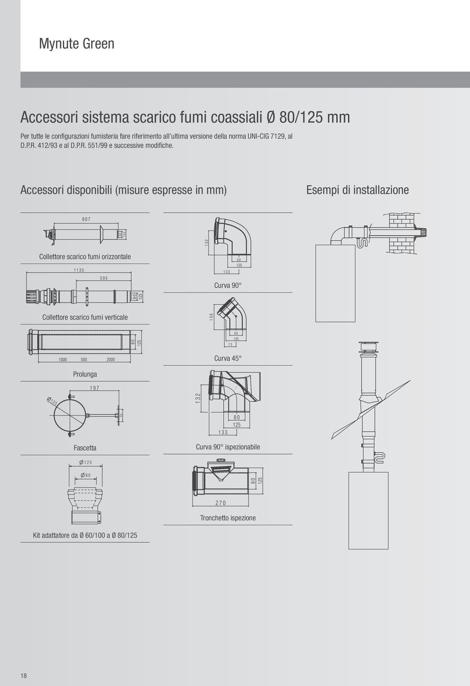 Accessori disponibili (misure espresse in mm) Esempi di installazione Collettore scarico fumi orizzontale Curva 90