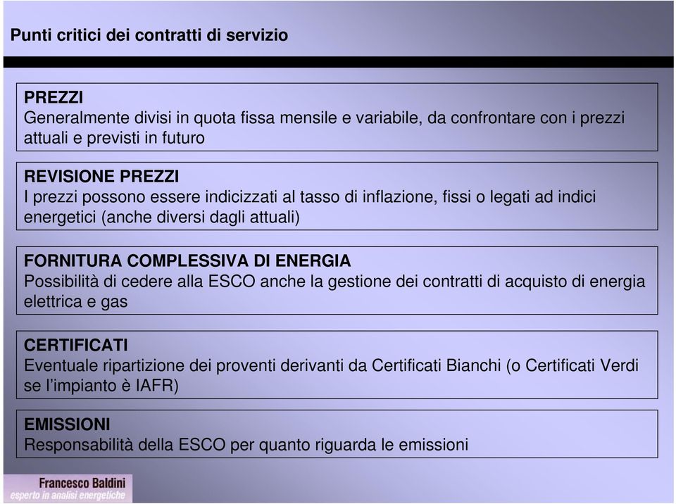 FORNITURA COMPLESSIVA DI ENERGIA Possibilità di cedere alla ESCO anche la gestione dei contratti di acquisto di energia elettrica e gas CERTIFICATI Eventuale