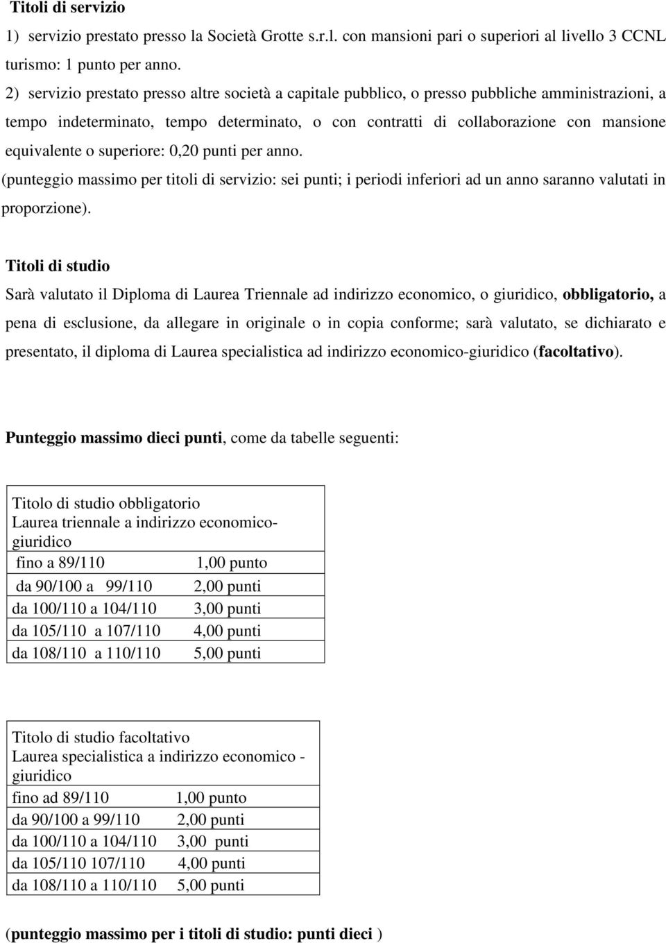 o superiore: 0,20 punti per anno. (punteggio massimo per titoli di servizio: sei punti; i periodi inferiori ad un anno saranno valutati in proporzione).