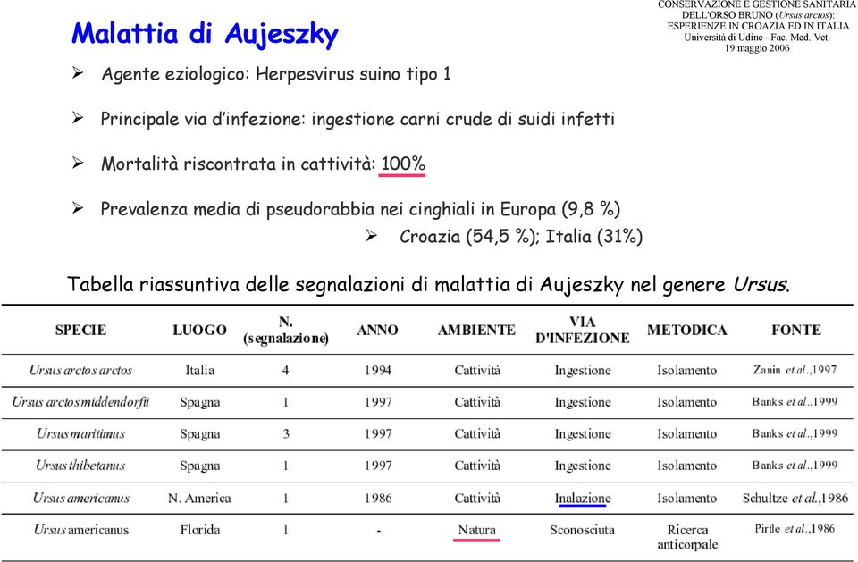 100% Prevalenza media di pseudorabbia nei cinghiali in Europa (9,8 %) Croazia (54,5 %);