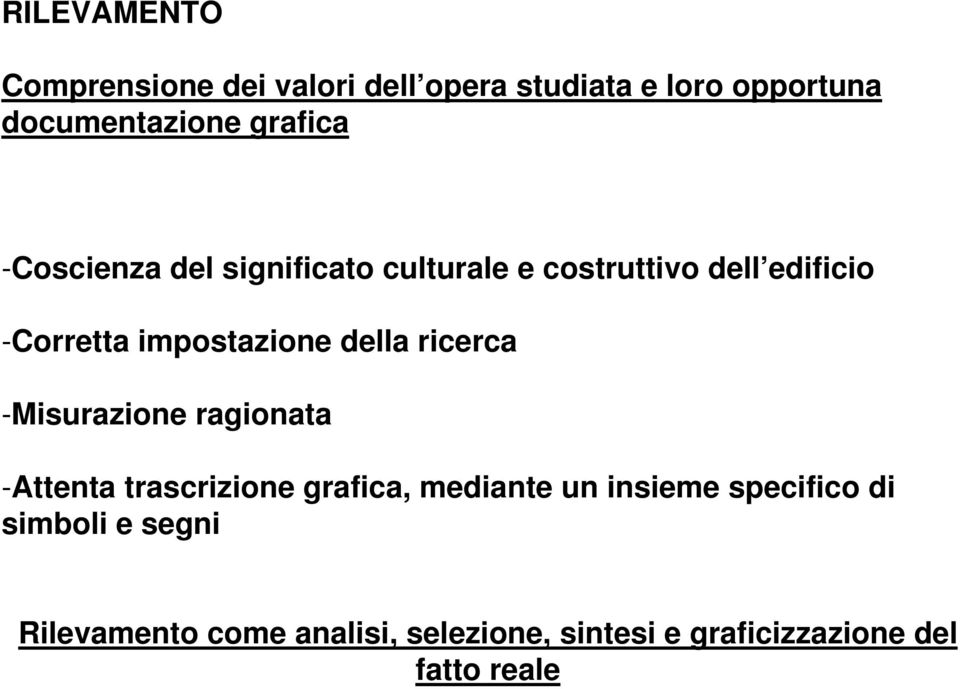 impostazione della ricerca -Misurazione ragionata -Attenta trascrizione grafica, mediante un