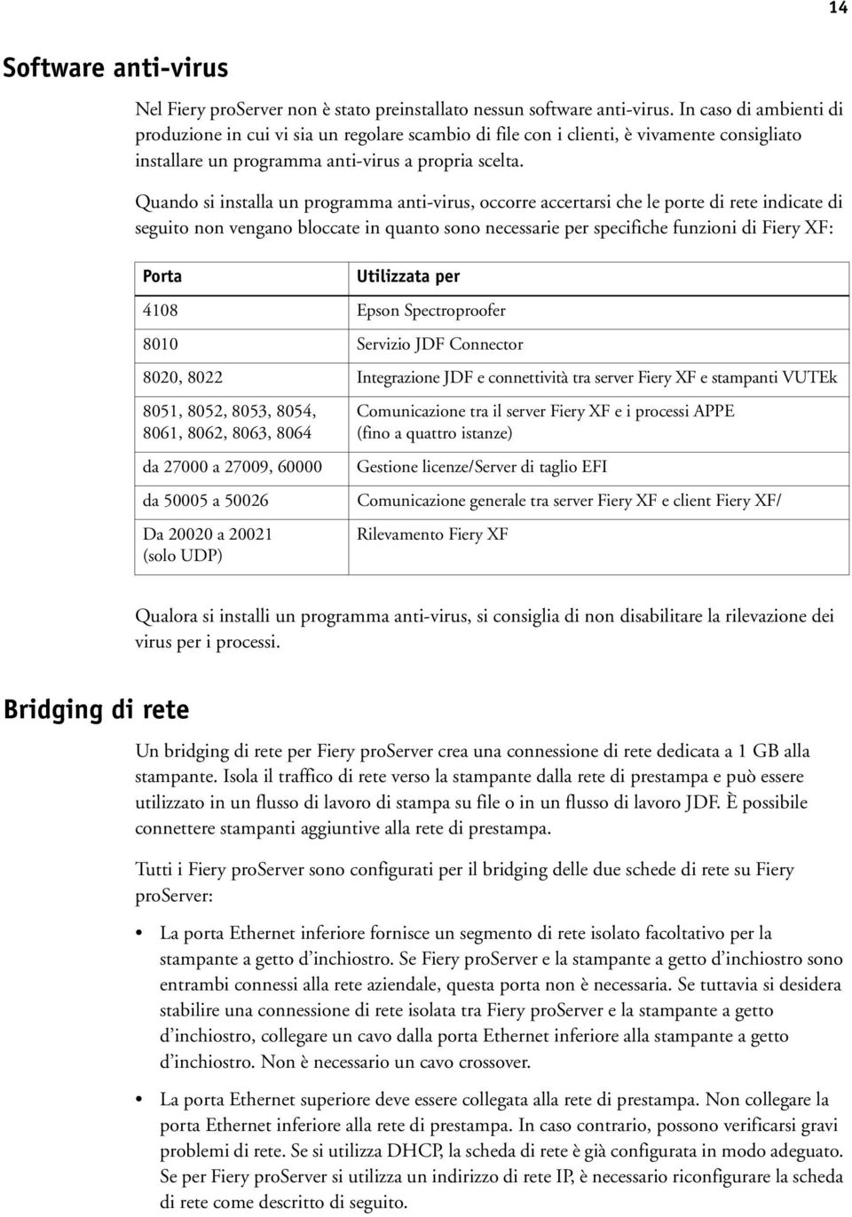 Quando si installa un programma anti-virus, occorre accertarsi che le porte di rete indicate di seguito non vengano bloccate in quanto sono necessarie per specifiche funzioni di Fiery XF: Porta