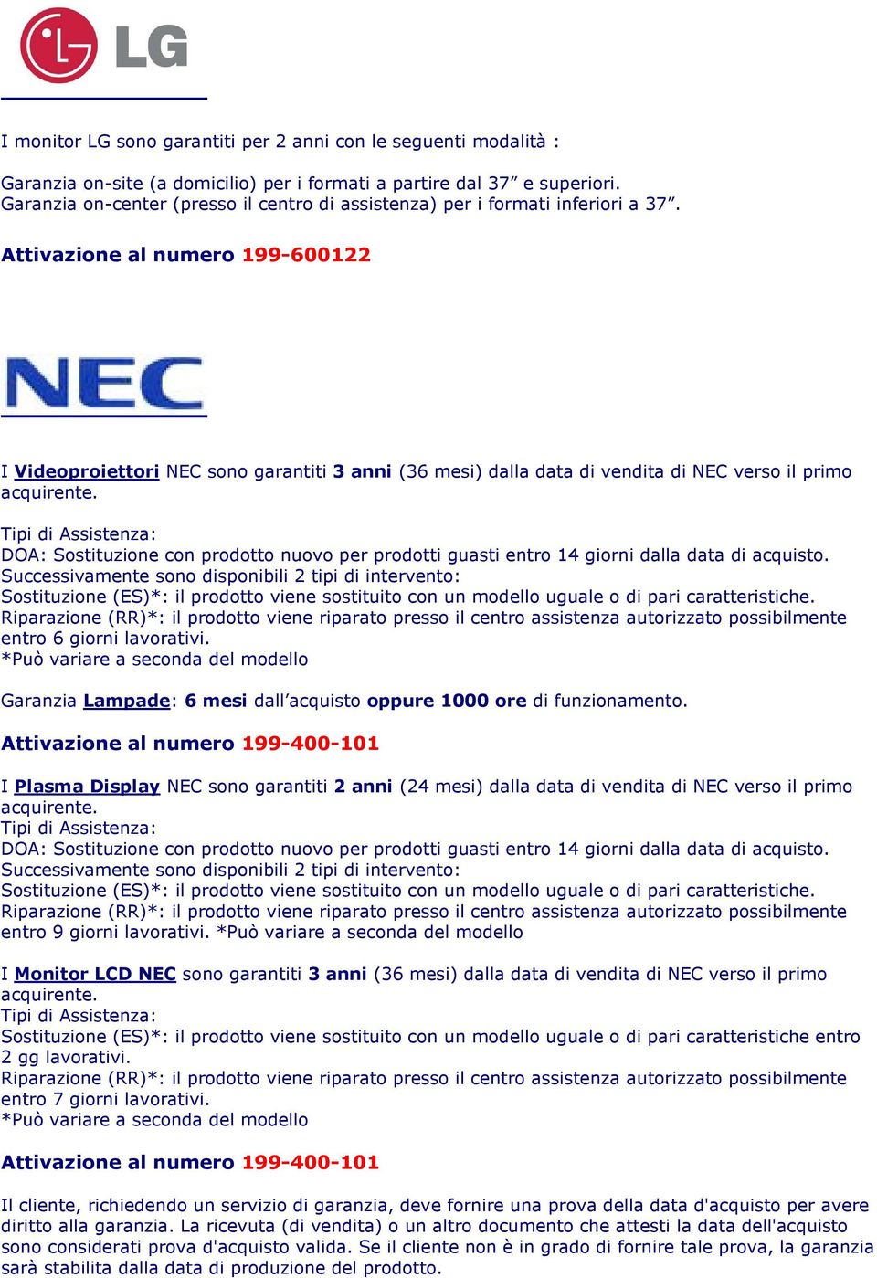 Attivazione al numero 199-600122 I Videoproiettori NEC sono garantiti 3 anni (36 mesi) dalla data di vendita di NEC verso il primo acquirente.