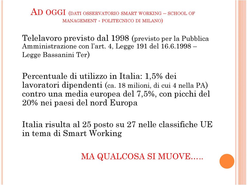 6.1998 Legge Bassanini Ter) Percentuale di utilizzo in Italia: 1,5% dei lavoratori dipendenti (ca.
