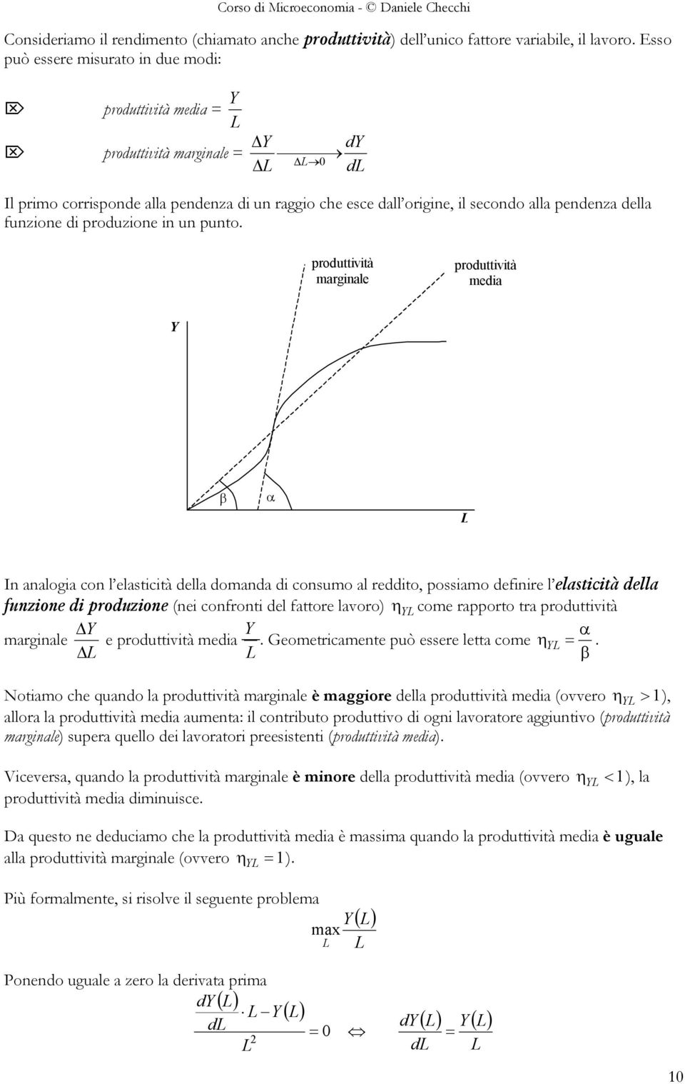 funzione di produzione in un punto.