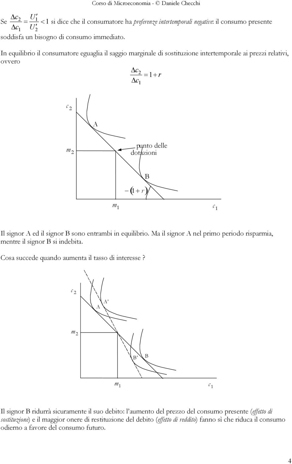 signor B sono entrambi in equilibrio. Ma il signor A nel primo periodo risparmia, mentre il signor B si indebita. Cosa succede quando aumenta il tasso di interesse?