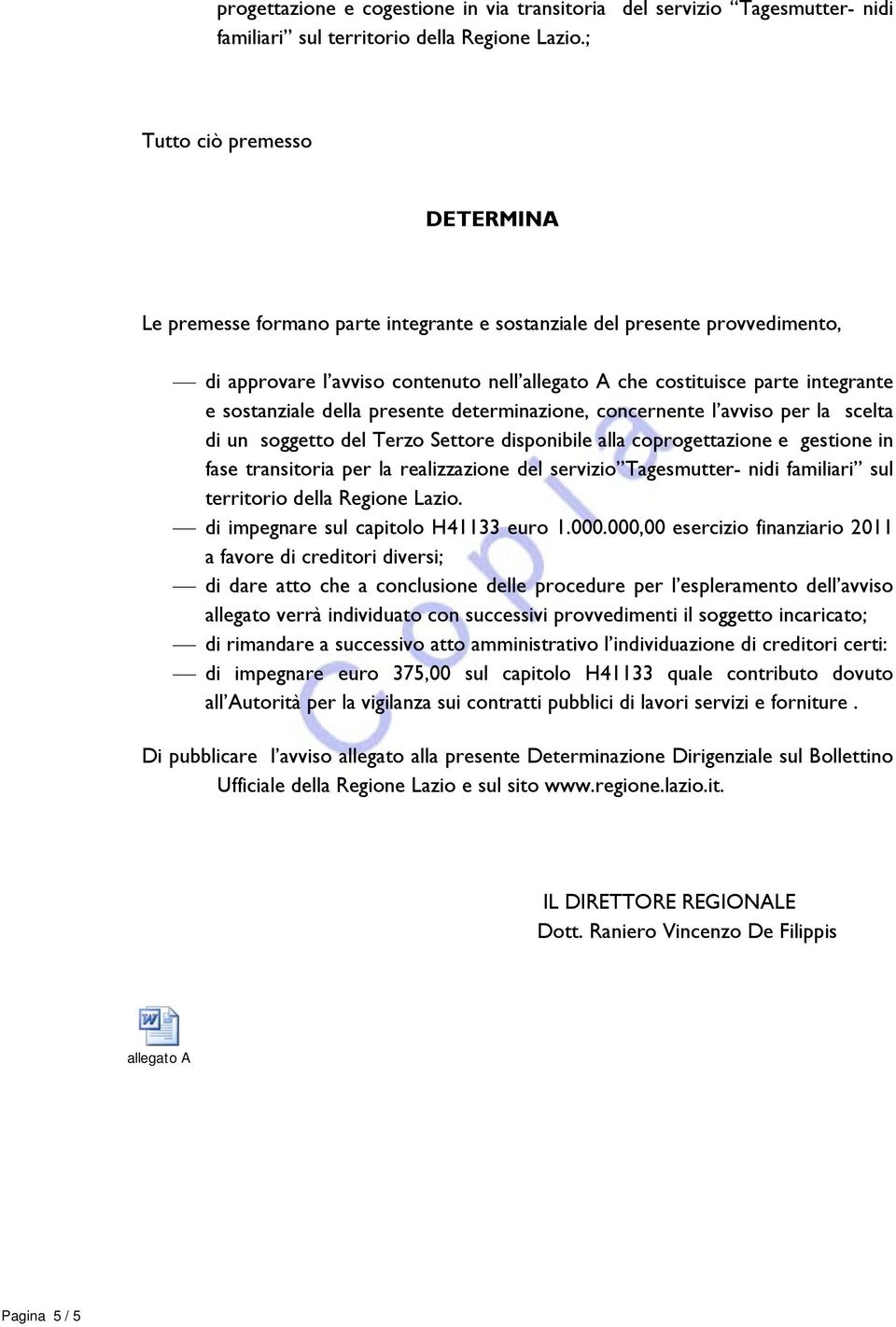 sostanziale della presente determinazione, concernente l avviso per la scelta di un soggetto del Terzo Settore disponibile alla coprogettazione e gestione in fase transitoria per la realizzazione del