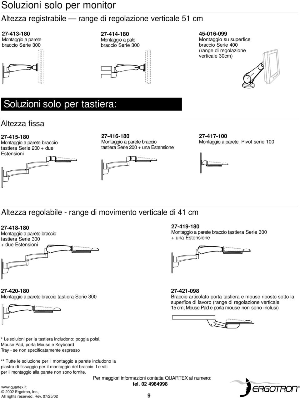 tastiera Serie 00 + una Estensione 7-47-00 Montaggio a parete Pivot serie 00 Altezza regolabile - range di movimento di 4 cm 7-48-80 Montaggio a parete braccio tastiera Serie 300 + due Estensioni