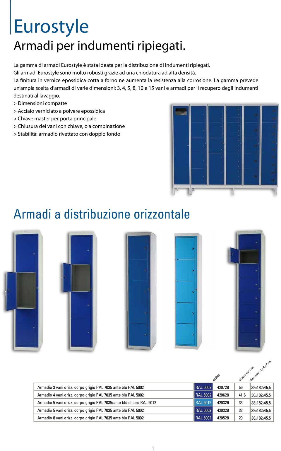 La gamma prevede un ampia scelta d armadi di varie dimensioni: 3, 4, 5, 8, 10 e 15 vani e armadi per il recupero degli indumenti destinati al lavaggio.