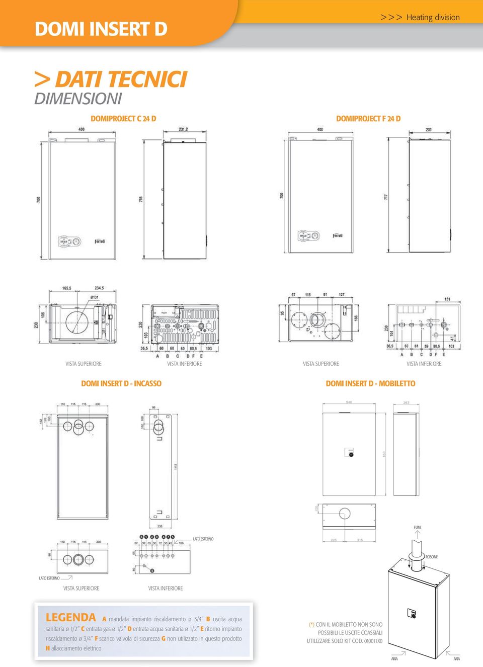 uscita acqua sanitaria ø 1/2 C entrata gas ø 1/2 D entrata acqua sanitaria ø 1/2 E ritorno impianto riscaldamento ø 3/4 F scarico valvola di sicurezza G non