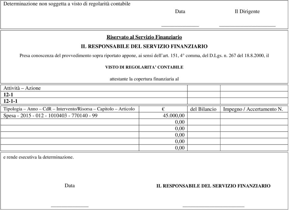 8.2000, il VISTO DI REGOLARITA CONTABILE Attività Azione 12-1 12-1-1 attestante la copertura finanziaria al Tipologia Anno CdR Intervento/Risorsa