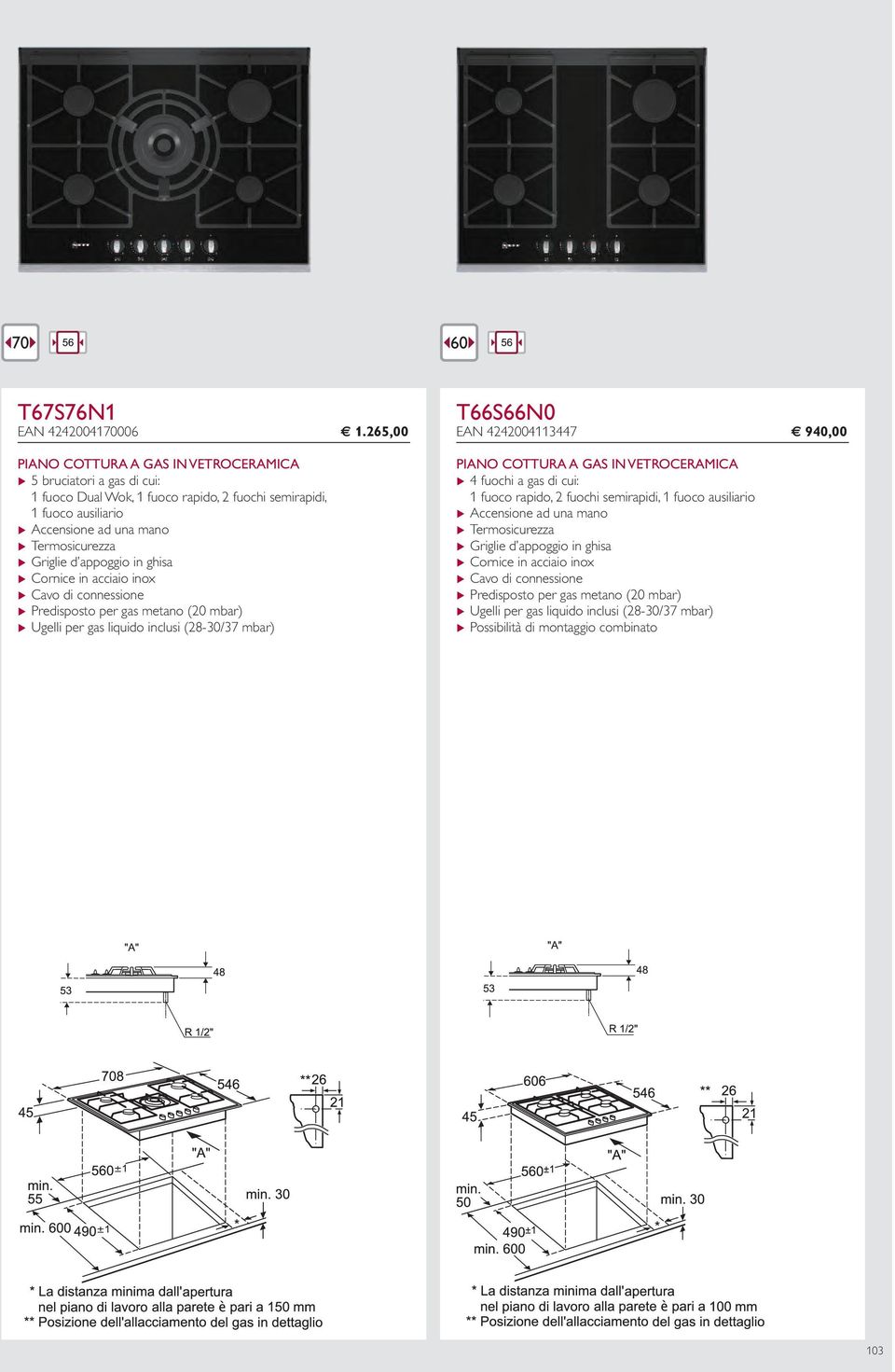 2 fuochi semirapidi, 1 fuoco ausiliario u Cornice in acciaio inox T66S66N0 EAN 4242004113447 940,00 PIANO