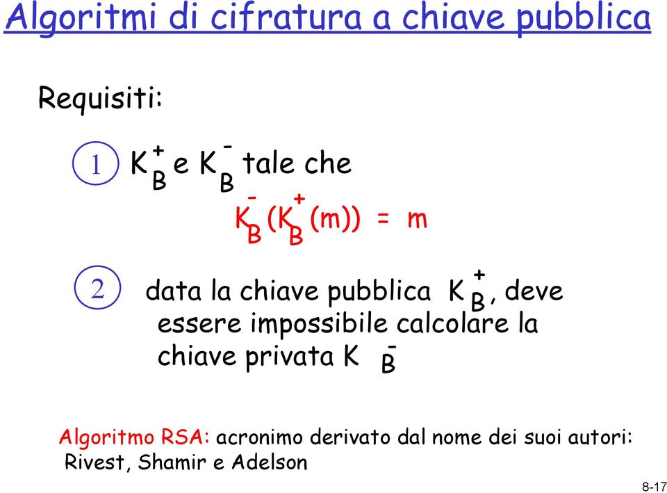 essere impossibile calcolare la chiave privata K - B Algoritmo RSA: