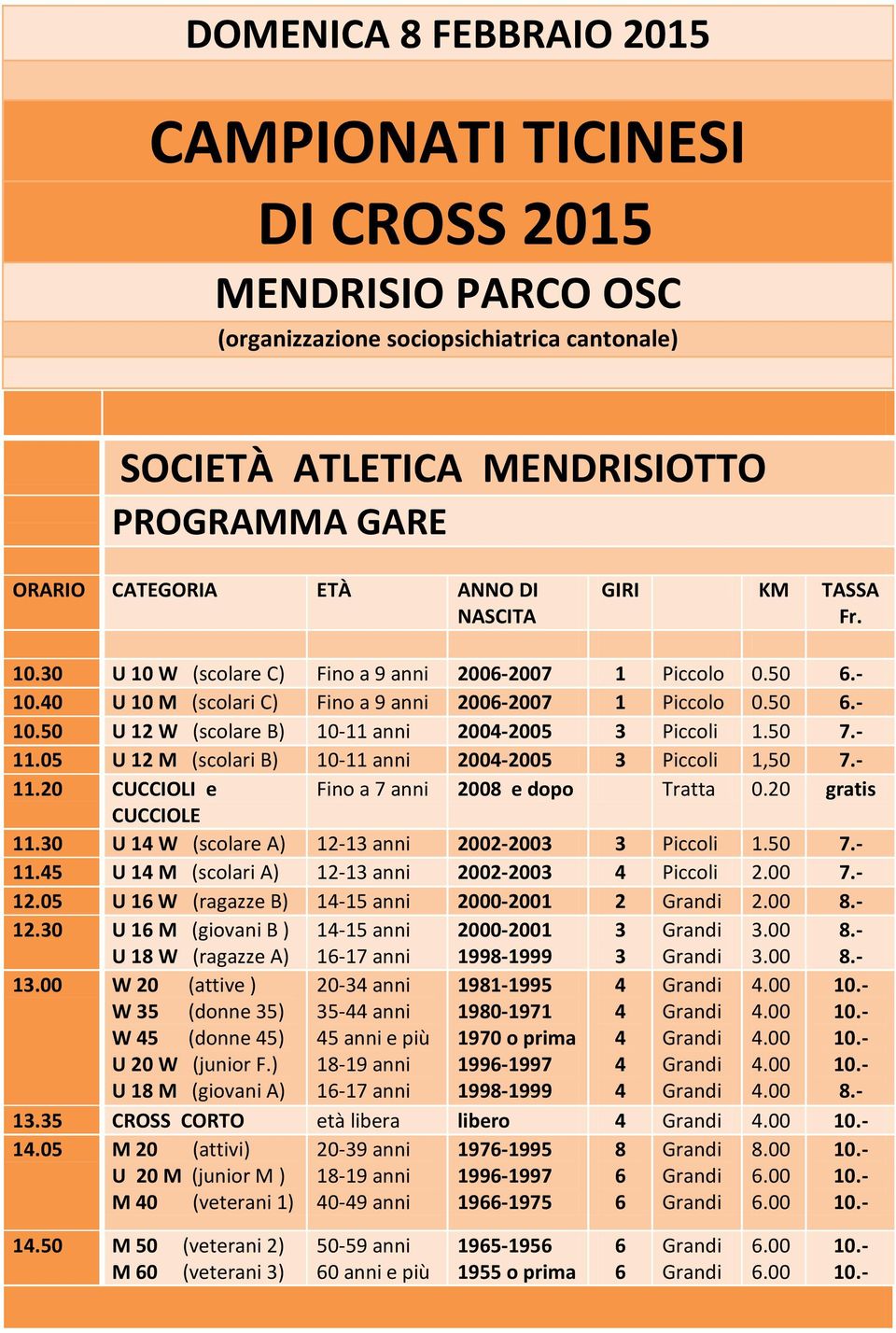 50 7.- 11.05 U 12 M (scolari B) 10-11 anni 2004-2005 3 Piccoli 1,50 7.- 11.20 CUCCIOLI e Fino a 7 anni 2008 e dopo Tratta 0.20 gratis CUCCIOLE 11.