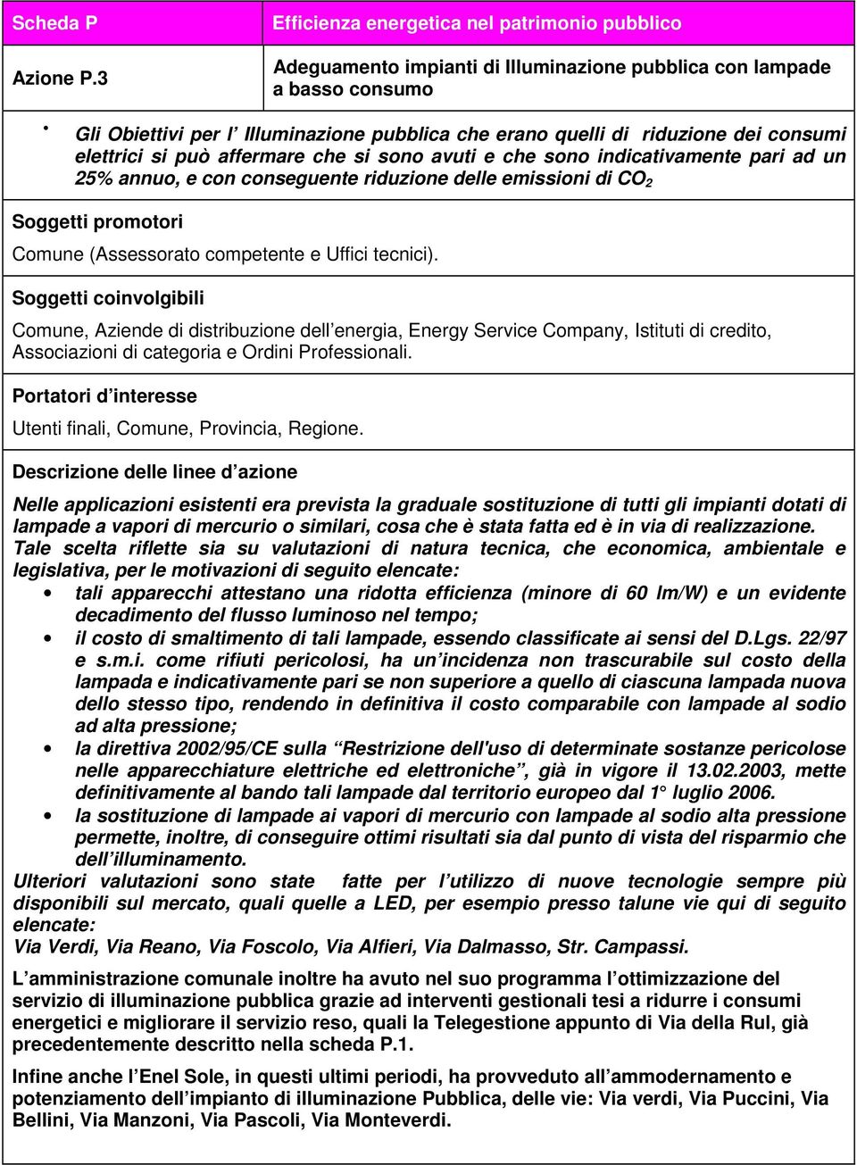 consumi elettrici si può affermare che si sono avuti e che sono indicativamente pari ad un 25% annuo, e con conseguente riduzione delle emissioni di CO 2 Soggetti promotori Comune (Assessorato