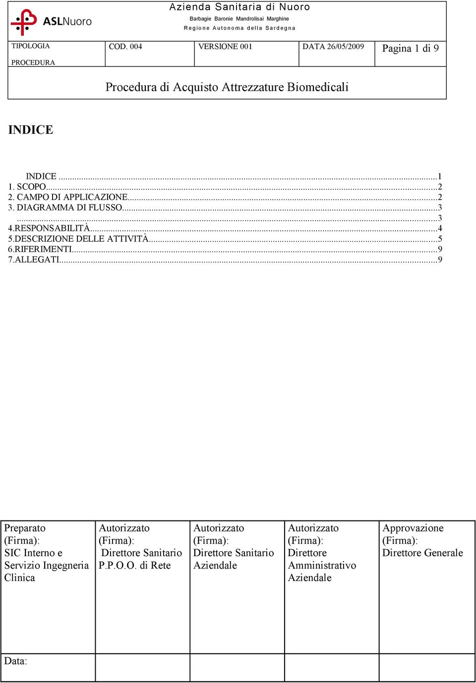 IFEIMENTI...9 7.ALLEGATI...9 Preparato SIC Interno e Servizio Ingegneria Clinica Autorizzato Direttore Sanitario P.P.O.