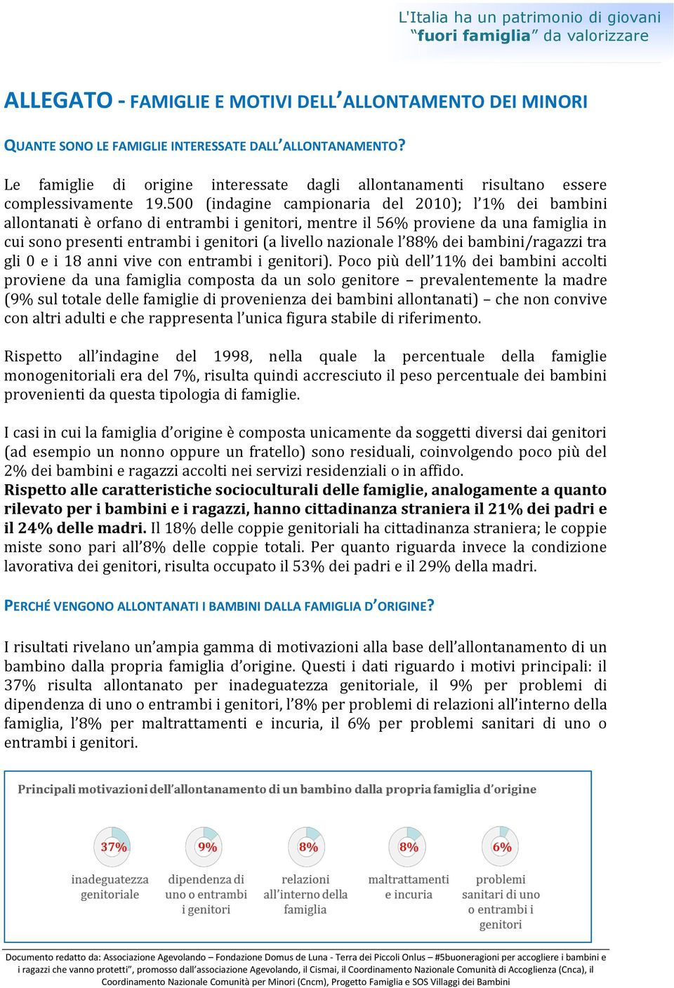 500 (indagine campionaria del 2010); l 1% dei bambini allontanati è orfano di entrambi i genitori, mentre il 56% proviene da una famiglia in cui sono presenti entrambi i genitori (a livello nazionale