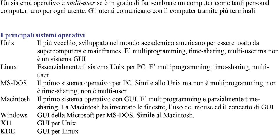 E multiprogramming, time-sharing, multi-user ma non è un sistema GUI Linux Essenzialmente il sistema Unix per PC. E multiprogramming, time-sharing, multiuser MS-DOS Il primo sistema operativo per PC.