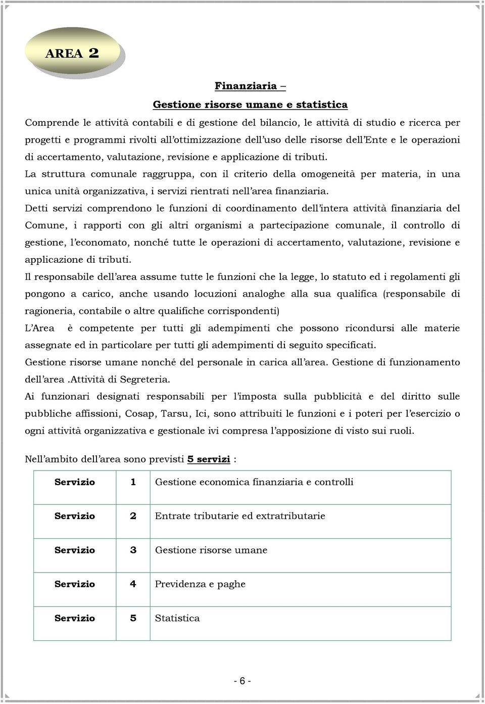 La struttura comunale raggruppa, con il criterio della omogeneità per materia, in una unica unità organizzativa, i servizi rientrati nell area finanziaria.