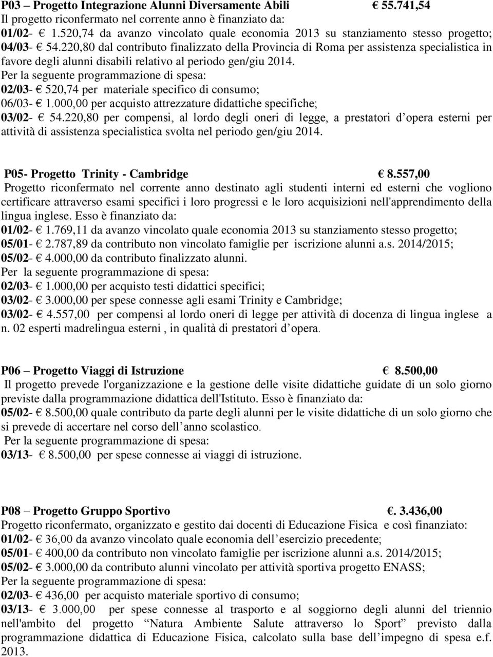 220,80 dal contributo finalizzato della Provincia di Roma per assistenza specialistica in favore degli alunni disabili relativo al periodo gen/giu 2014.