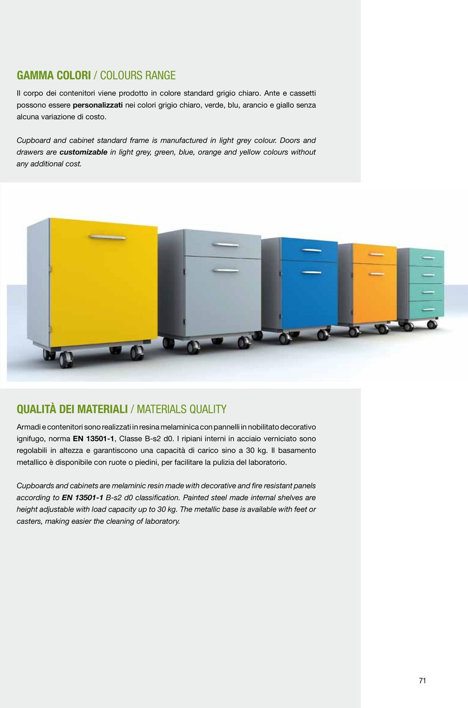 Cupboard and cabinet standard frame is manufactured in light grey colour. Doors and drawers are customizable in light grey, green, blue, orange and yellow colours without any additional cost.