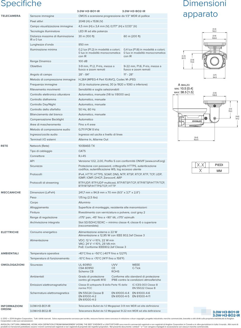 (V) Tecnologia illuminatore LED IR ad alta potenza Distanza massima di illuminazione 30 m (100 ft) 60 m (200 ft) IR a 0 lux Lunghezza d'onda 850 nm Illuminazione minima 0,2 lux (F1.