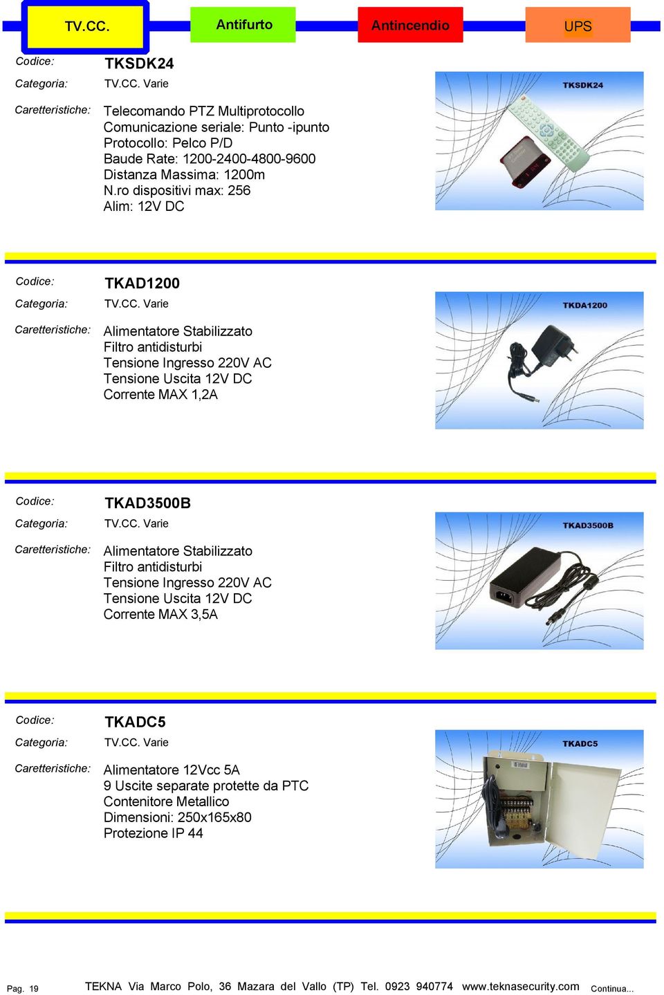 ro dispositivi max: 256 Alim: 12V DC TKAD1200 Alimentatore Stabilizzato Filtro antidisturbi Tensione Ingresso 220V AC Tensione Uscita 12V DC