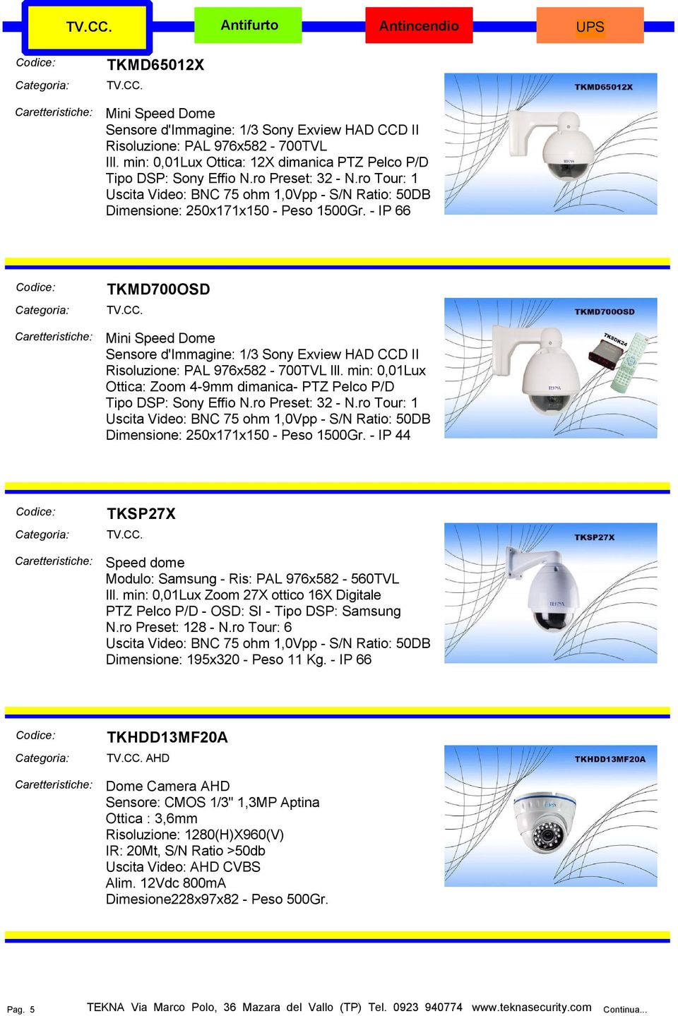 - IP 66 TKMD700OSD Mini Speed Dome Sensore d'immagine: 1/3 Sony Exview HAD CCD II Risoluzione: PAL 976x582-700TVL Ill. min: 0,01Lux Ottica: Zoom 4-9mm dimanica- PTZ Pelco P/D Tipo DSP: Sony Effio N.