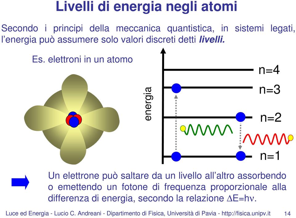 elettroni in un atomo energia n=4 n=3 n=2 n=1 Un elettrone può saltare da un livello all altro assorbendo o emettendo
