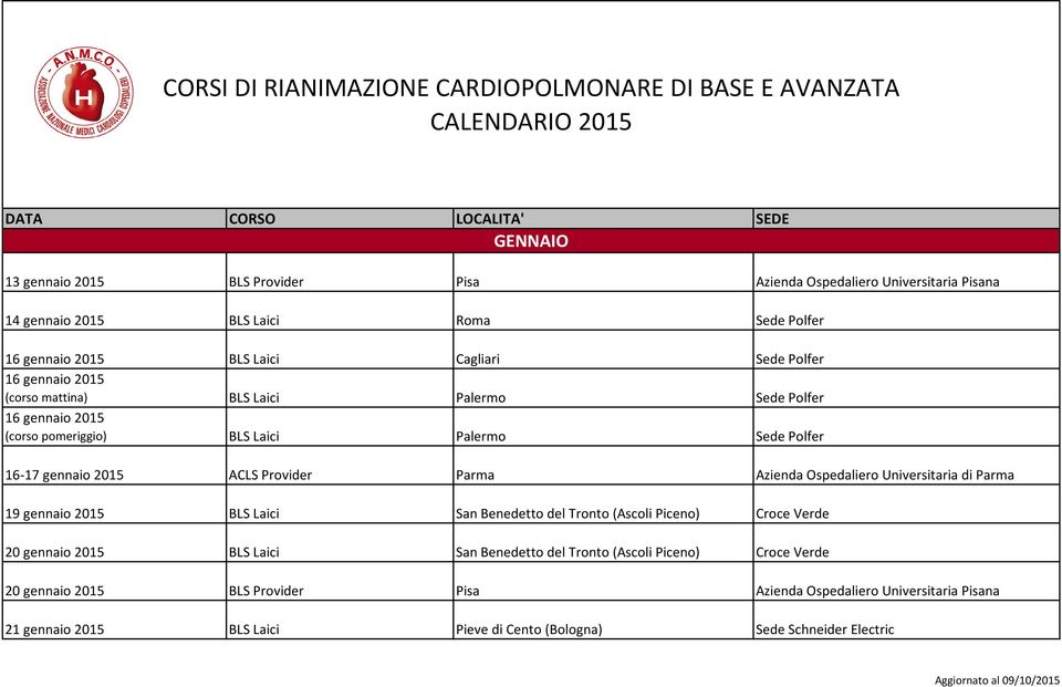 Azienda Ospedaliero Universitaria di Parma 19 gennaio 2015 BLS Laici San Benedetto del Tronto (Ascoli Piceno) Croce Verde 20 gennaio 2015 BLS Laici San Benedetto del Tronto